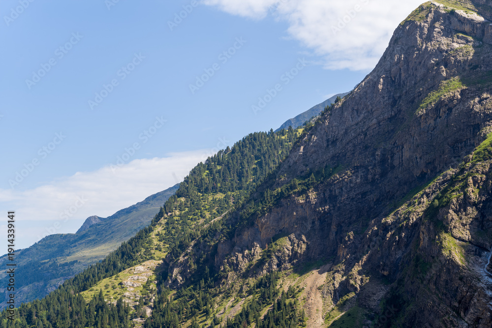 Fototapeta premium Sunlight illuminates steep mountain slopes dotted with dense pine trees and rugged rock faces in the Pyrenees. The dramatic landscape contrasts green forest with exposed stone under a clear blue sky.