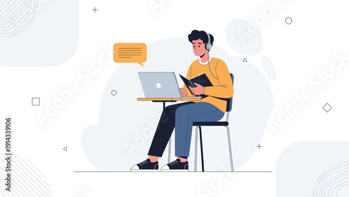 Young man studying online with laptop and book, wearing headphones