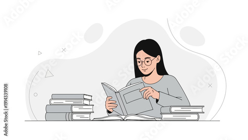 Young Woman Reading a Book, Stacked Books, Study and Education Concept