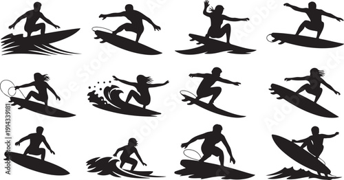 Silhouettes of surfers showcasing various techniques and maneuvers on the waves