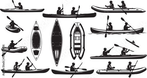 Various types of kayaks and canoes with people paddling and sitting in them
