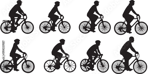 Silhouettes of cyclists in various riding positions on bicycles