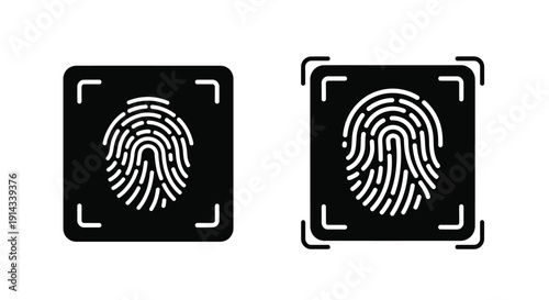 Two fingerprint icons framed by squares a stark black silhouette