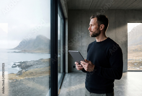 Successful man standing in modern concrete interior with large panoramic window looking at cold sea and mountains, holding digital tablet, remote work and solitude concept