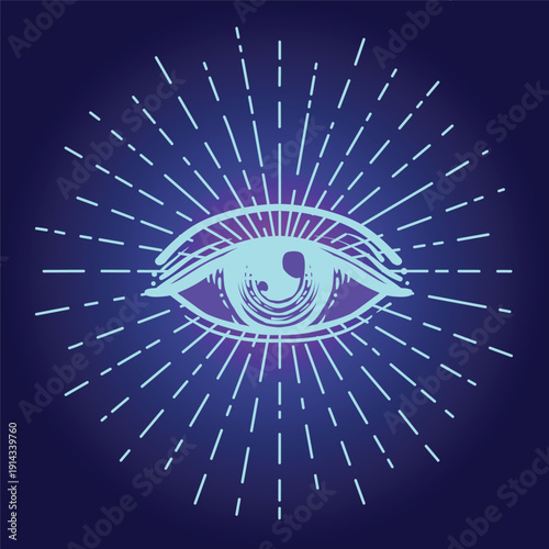 Rainbow gradient tattoo flash. Eye of Providence. Masonic symbol. All seeing eye with heart inside. Sacred geometry, religion, spirituality, occultism. Isolated vector illustration.