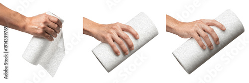 Slika na platnu Set and collection of human hand holding and grabbing white paper towel roll in