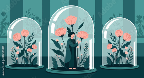 Woman tending to blooming flowers under glass domes, botanical illustration style