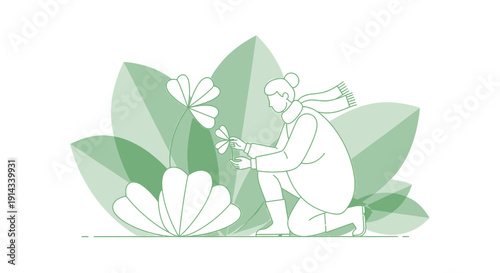 Woman Tending to Delicate Flower Amongst Lush Green Leaves, Minimalist Illustration