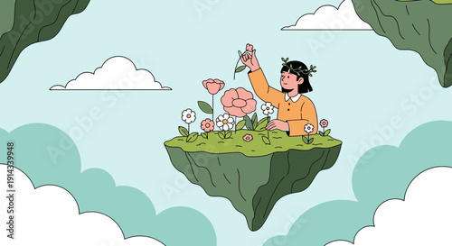 Woman tending to flowers on a floating island, surrounded by clouds