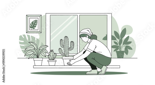 Woman tending to houseplants on windowsill, minimalist illustration