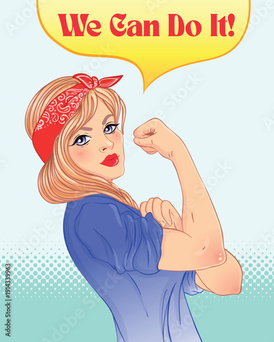 Cartoon pin-up style vector of a confident blond white woman in a power pose. Modern empowerment illustration inspired by retro posters, celebrating diversity, equality, strength, and self-confidence.