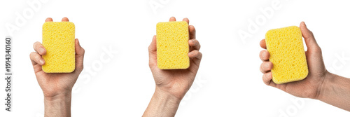 Cuadro en lienzo Set and collection of human hand holding yellow rectangular cleaning sponge in v