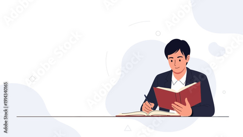 Young man reading a book and writing notes at a desk, knowledge and education concept