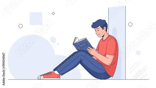 Young Man Reading Book Sitting Leaning Against Wall, Education Concept