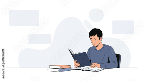 Young man reading a book, studying, learning, knowledge, education, library, desk scene