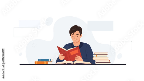 Young man at desk reading a book, surrounded by stacks of books, illustration