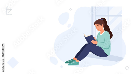 Young Woman Reading Book by Window - Cozy Lifestyle Illustration