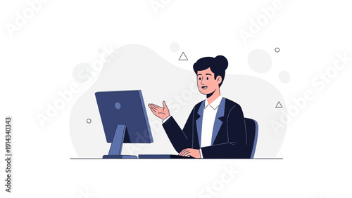Businesswoman working on computer, gesturing and talking, modern office illustration