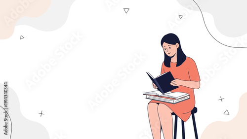 Young Woman Reading Book Sitting on Chair with Stack of Books