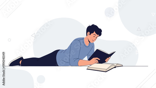 Young man reading book lying down, modern flat illustration, education and leisure concept