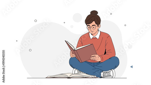 Young woman reading a book sitting cross-legged, illustration