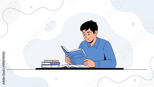 Young man reading a book at a desk with stack of books, illustration
