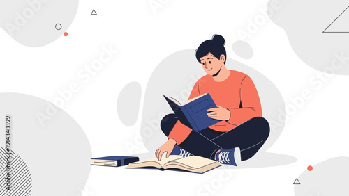 Young Woman Reading Books, Studying, Learning, Relaxing, Knowledge Concept