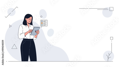 Businesswoman using tablet, planning tasks, modern flat illustration