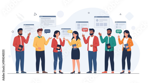 Diverse Team Discussing Ideas with Speech Bubbles and Web Pages