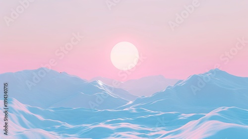 Pastel sunset over a stylized, ocean-like landscape with soft blues and pinks