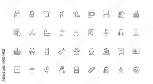 Furniture, household equipment, interior decor of home apartment for daily life line icon set. Kitchen machines and appliances, fireplace and bed thin black and red outline symbols vector illustration