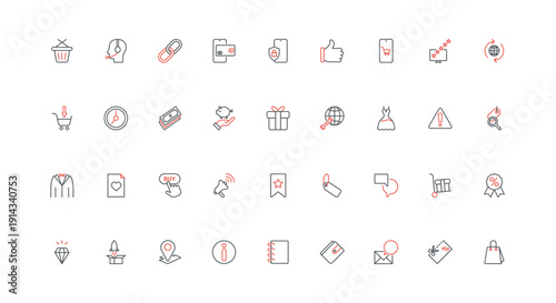 Online store, launch of sales rocket, customer support service line icon set. Discount coupon, label tag and wallet, mobile app for payment thin black and red outline symbol vector illustration
