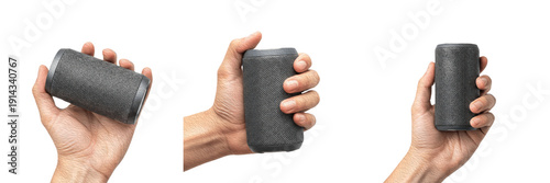 Set and collection of human hand holding cylindrical portable bluetooth speaker in various angles, wireless audio technology and outdoor music entertainment concept isolated on white transparent PNG 