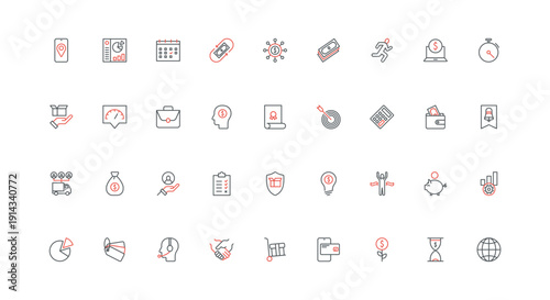 Financial profit and economy growth, business budget check, graph report documents line icon set. Market sales and finance, currency trade thin black and red outline symbols vector illustration