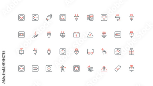 Electrical plug and socket types of different country, electrician tools line icon set. Power line and battery, switch and adapter for appliance thin black and red outline symbols vector illustration