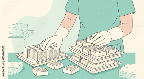 Artisan Soap Making Process, Hands in Gloves Stacking Bars on Trays