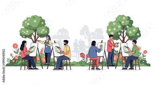 Art Class Outdoors: People Painting in a Garden Setting