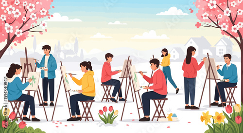 Art Class Outdoors: People Painting Spring Flowers and Scenery
