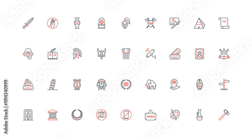 Museum, history culture and heritage, art gallery of paintings line icon set. Guide and ticket, tour to Egyptian pyramid and Coliseum, Pisa tower thin black and red outline symbols vector illustration