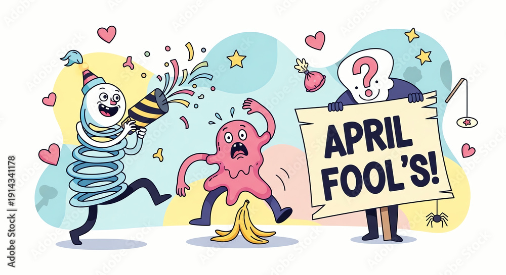 Naklejka premium April Fools Prank Fun - Spring, Blob, Banana Peel, Confetti