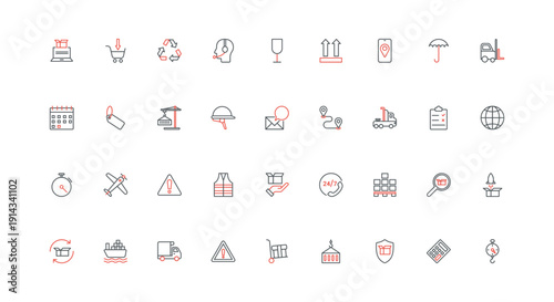 Logistics, freight delivery management, warehouse line icon set. Global shipping by ship and truck, air transportation, forklift and fragile cargo thin black and red outline symbol vector illustration