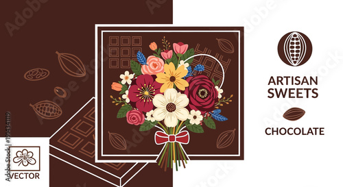 Artisan Chocolate Box with Floral Bouquet Illustration