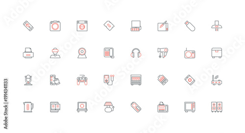 Modern gadgets line icon set. Portable electronic devices, smart multimedia equipment, computer and phone, laptop and artists tablet with pen thin black and red outline symbols vector illustration