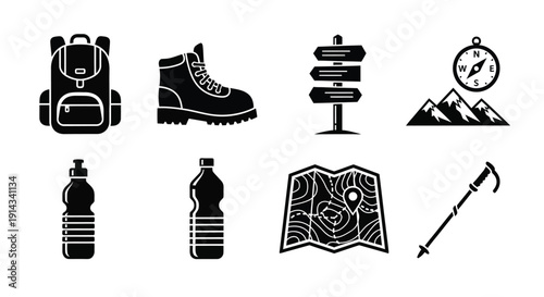Hiking gear icons show necessary items for the outdoors.