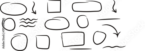 Arrow, underline, circle frame marker line set. Line marker hand drawn pen brush stroke sketch arrow, circle, highlight element.  Vector illustration