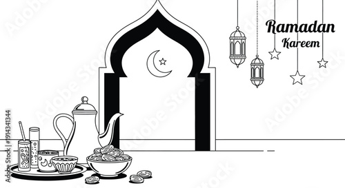 Iftar meal setting with dates and tea near the mosque archway.