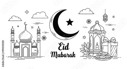 Mosques, crescent moons, and lanterns signify Eid Mubarak.