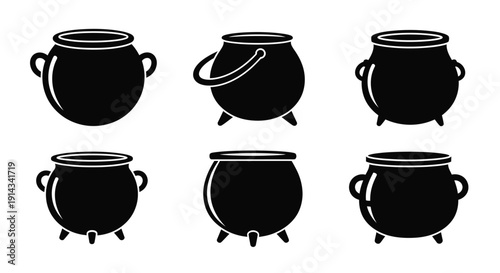A collection of black cauldron shapes in a simple arrangement silhouette