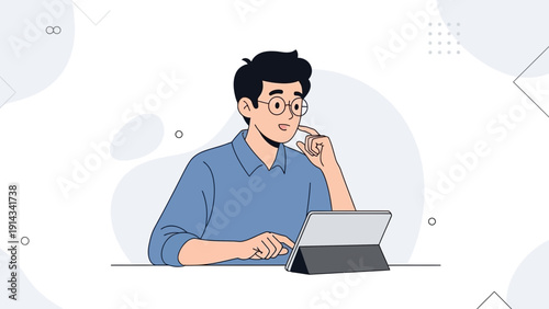 Man working on tablet computer, thinking and planning, modern flat illustration