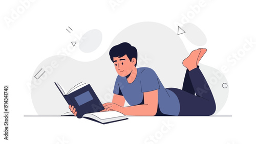 Young man reading a book, lying down, illustration, relaxation, learning, knowledge